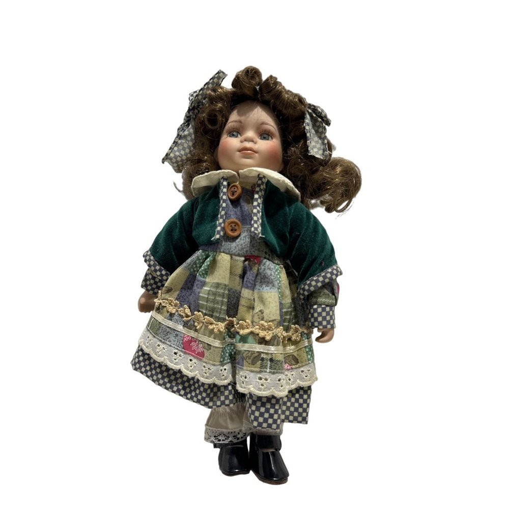 11 inch Porcelain Collectors Doll Teddy Bear Print Dress with Jacket